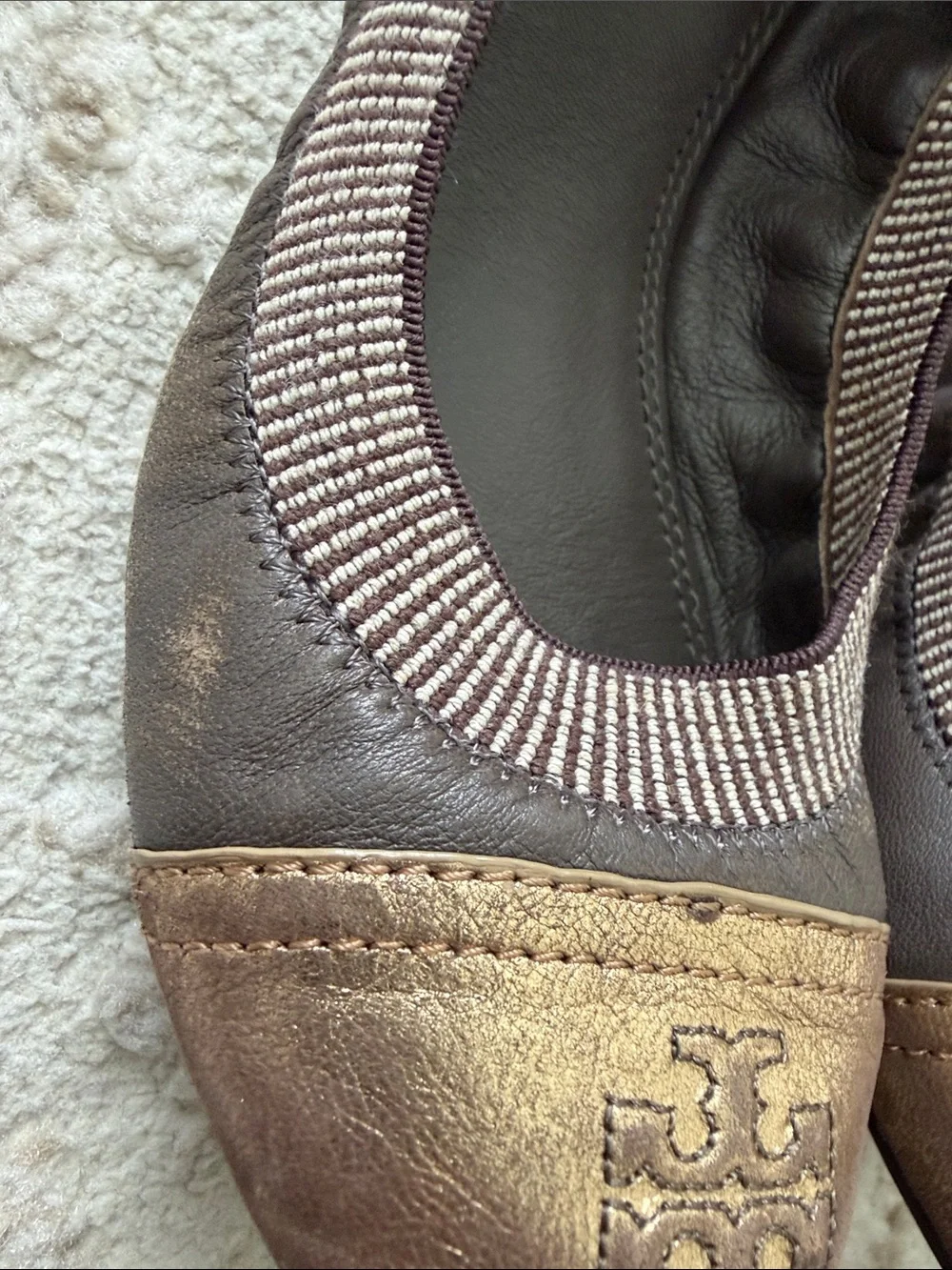 Tory Burch Brown Leather Ballet Flats with Gold Toe Caps